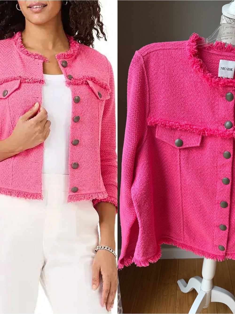 Nic + Zoe Hot Wild Pink Utility Fringe Button-Front Blazer Jacket